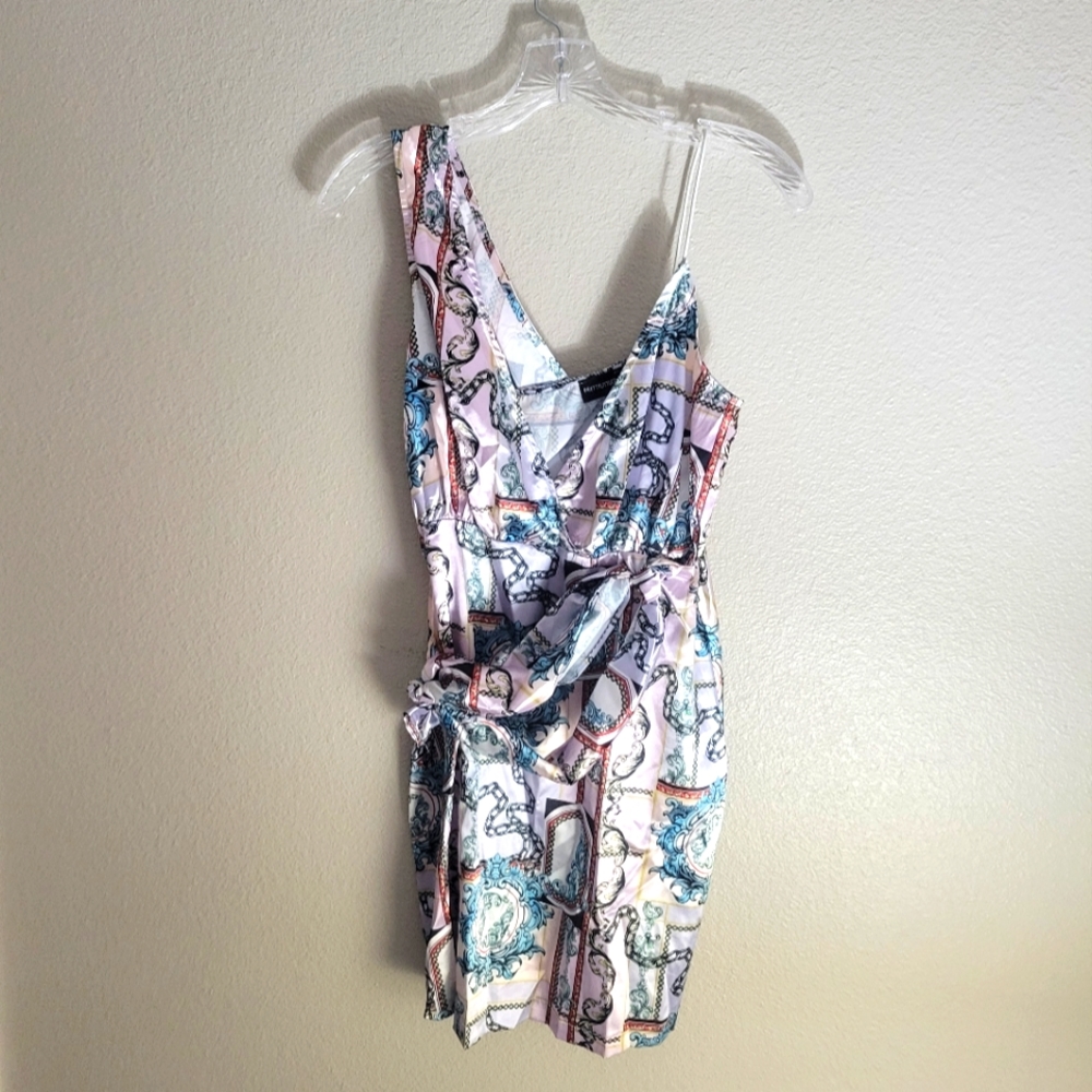 PrettyLittleThing Multicolored Print, Asymmetric Strap, Satin Mini Dress, Size 2